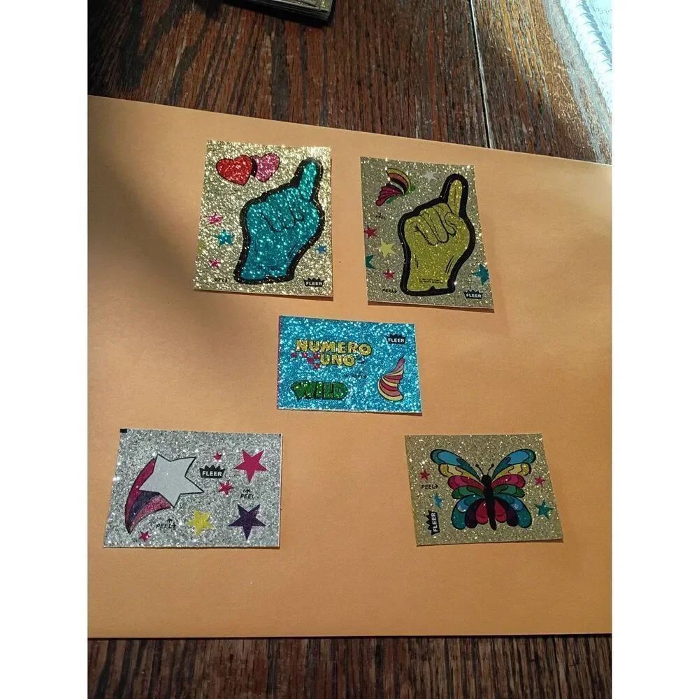Lot of 5 Fleer Glitter Sticker Sheets Vintage 1980s Card Size and Smaller